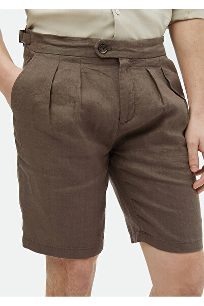 Ramsey Brown Linen Bermuda - Plain Weave, Carrot Fit, Casual 100% Linen