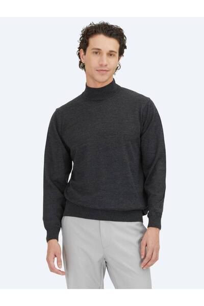 Kip Anthracite Half Turtleneck Plain Knit Wool Blended Sweater
