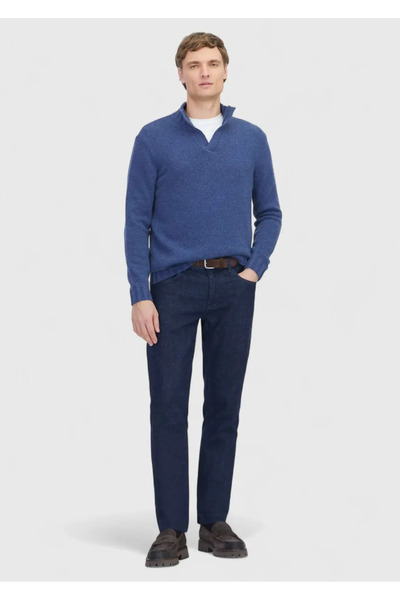 Ramsey Indigo Half Turtleneck Plain Knit Wool Blend Sweater