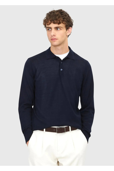Ramsey Navy Blue Polo Neck Plain Knit Wool Blended Sweater