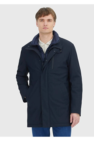 Ramsey Navy Blue Mock Neck Casual Woven Coat