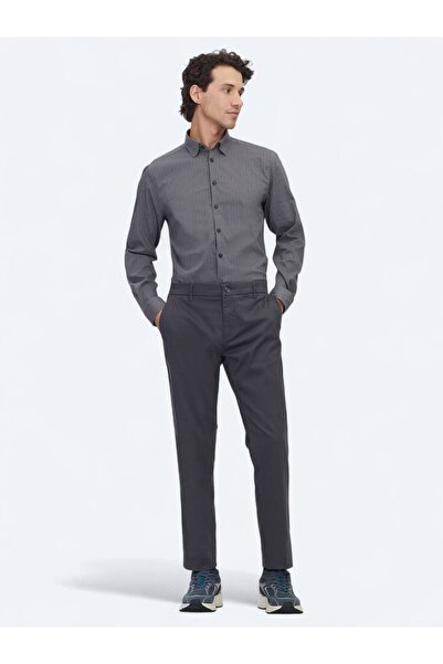 Kip Gri Düz Dokuma Regular Fit Casual Pamuk Karışımlı Pantolon
