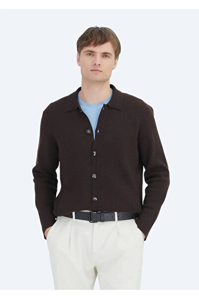 Ramsey Brown Polo Neck Plain Knit Wool Blend Cardigan