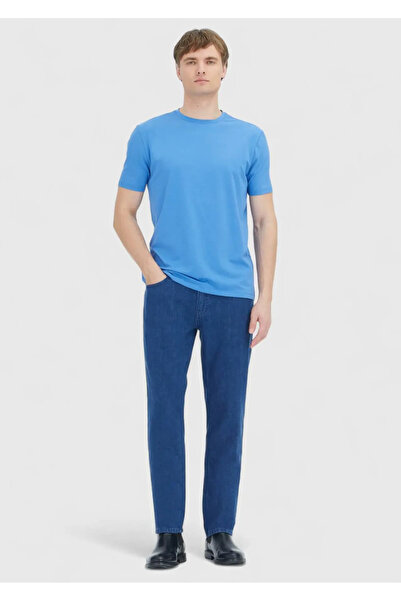 Ramsey Blue Plain Crew Neck Cotton Blend T-Shirt