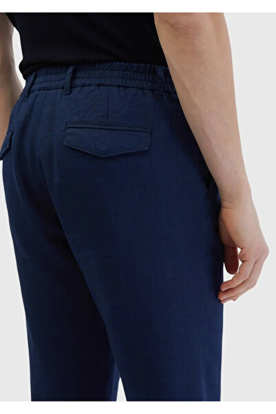 Ramsey Navy Blue Plain Woven Jogging Fit Casual 100% Linen Trousers