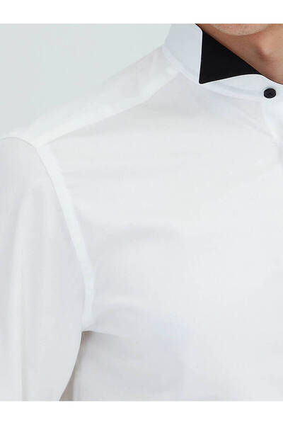 Kip White Slim Fit Tuxedo - Απλό κόψιμο, Διπλή μανσέτα, Πουκάμισο με λαιμόκοψη