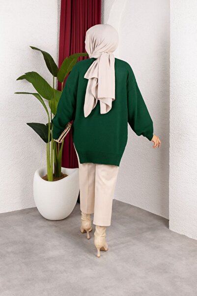 Sfg Life Moda Πέτρινη Λεπτομερής λαιμόκοψη ποδηλάτου με σχισμή πλεκτό χιτώνα μεγάλου μεγέθους - μπαλόνι μανίκι