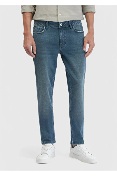 Ramsey Blue Straight Slim Fit Denim Cotton Blended Trousers