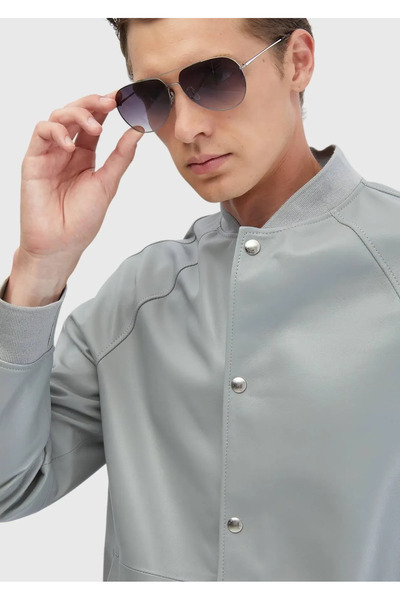 Ramsey Gray Regular Fit Stand Collar Casual Sheepskin Leather Coat