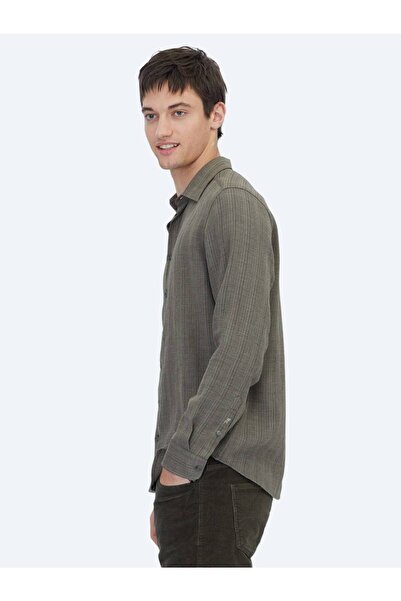 Kip Χακί ριγέ υφαντό πουκάμισο casual κανονικής εφαρμογής