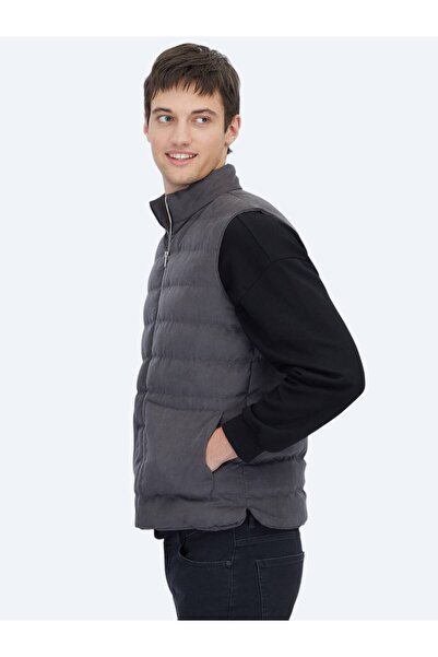 Kip Gri Regular Fit Dik Yaka Casual Dokuma Spor Yelek