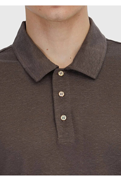 Ramsey Brown Plain Polo Neck 100% Linen T-Shirt