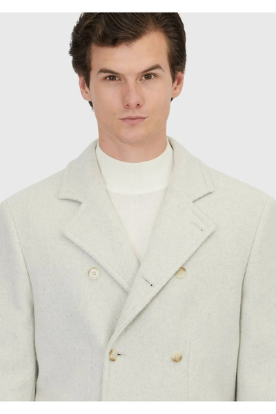 Ramsey Ecru Regular Fit Double Breasted Collar Casual Woven Coat