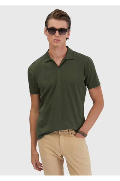 Ramsey Tricou kaki jacquard cu gât polo 100% bumbac