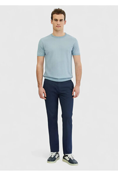 Ramsey Light Blue Crew Neck Plain Knit Linen Blended Sweater