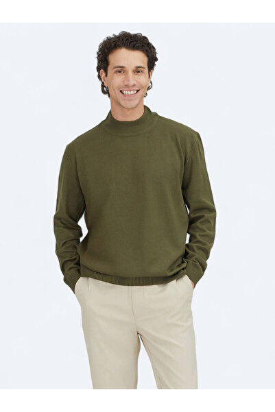 Kip Khaki Half Turtleneck Plain Knit Sweater