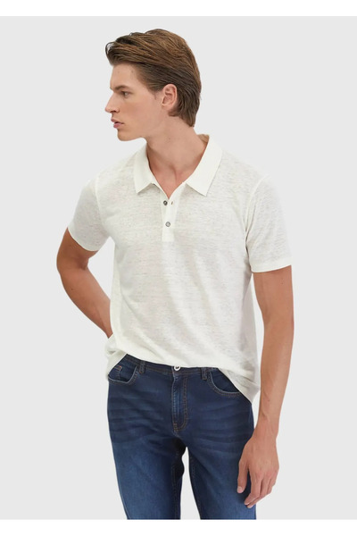 Ramsey Ecru Plain Polo Neck 100% Linen T-Shirt