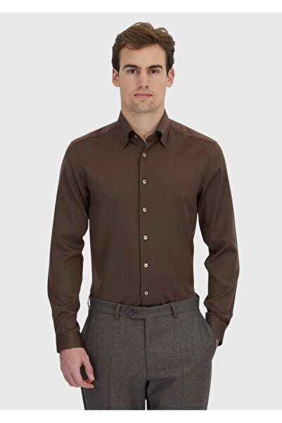 Ramsey قميص بني مسطح كاجوال منسوج من مزيج الحرير