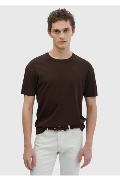 Ramsey Brown Crew Neck Plain Knit Sweater