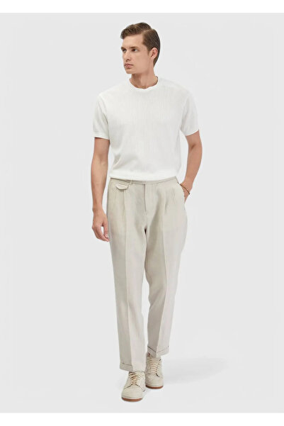 Ramsey Παντελόνι από 100% λινό με υφαντό ριγέ σχέδιο με άμμο