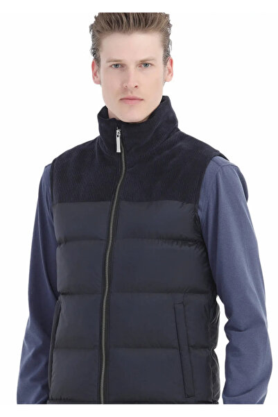 Ramsey Navy Blue Regular Fit Stand Collar Casual Woven Sports Vest