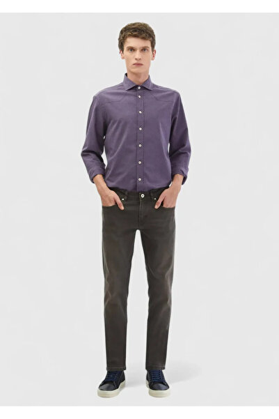 Ramsey Brown Straight Slim Fit Denim Cotton Blended Trousers