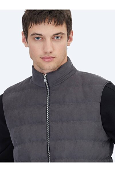 Kip Gri Regular Fit Dik Yaka Casual Dokuma Spor Yelek