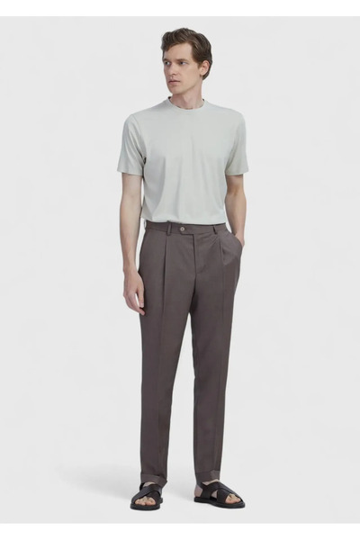 Ramsey Açık Kahve Düz Kumaş Slim Fit Casual %100 Yün Pantolon