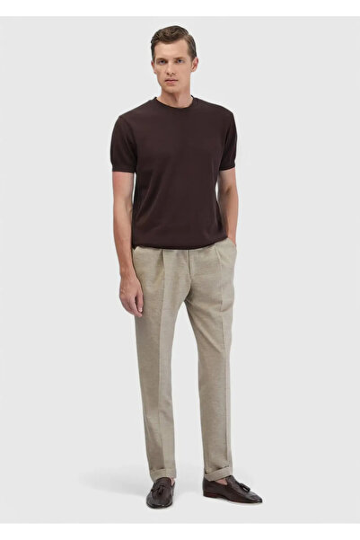 Ramsey Dark Beige Plain Fabric Regular Fit Casual Cotton Blend Trousers