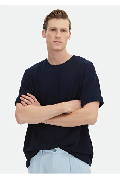 Ramsey Μπλουζάκι Navy Blue Jacquard Crew Neck 100% βαμβακερό