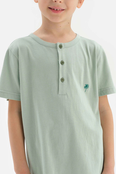 Dagi Mint Half Placket Embroidery Detailed T-Shirt Shorts Pajama Set