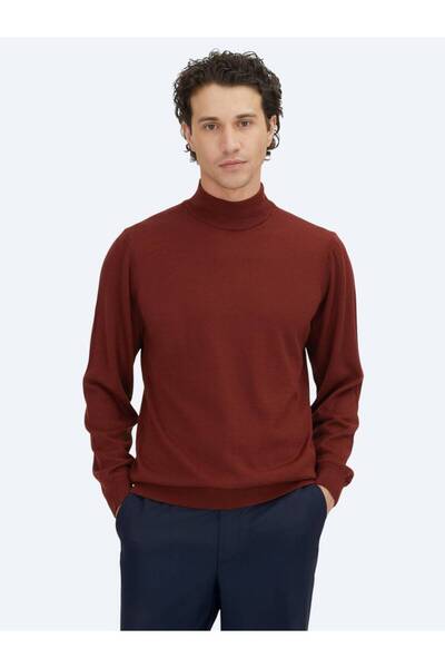 Kip Red Half Turtleneck Plain Knit Wool Blended Sweater