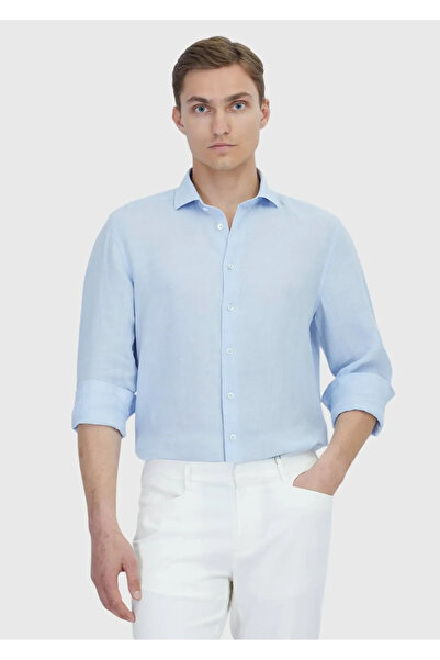 Ramsey Blue Plain Casual Fit Woven Casual 100% Linen Shirt