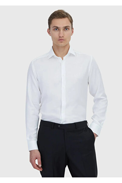 Ramsey Cămașă clasică din amestec de bumbac, albă, simplă, cu croiala normală