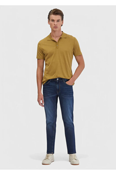 Ramsey Navy Blue Straight Slim Fit Denim Cotton Blended Trousers