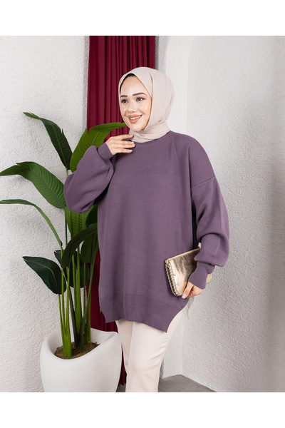 Sfg Life Moda Πέτρινη Λεπτομερής λαιμόκοψη ποδηλάτου με σχισμή πλεκτό χιτώνα μεγάλου μεγέθους - μπαλόνι μανίκι