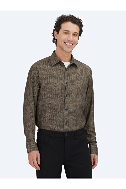 Kip Καφέ ριγέ κανονική εφαρμογή υφαντό casual 100% βαμβακερό πουκάμισο