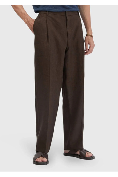 Ramsey Brown Plain Fabric Regular Fit Casual 100% Linen Trousers