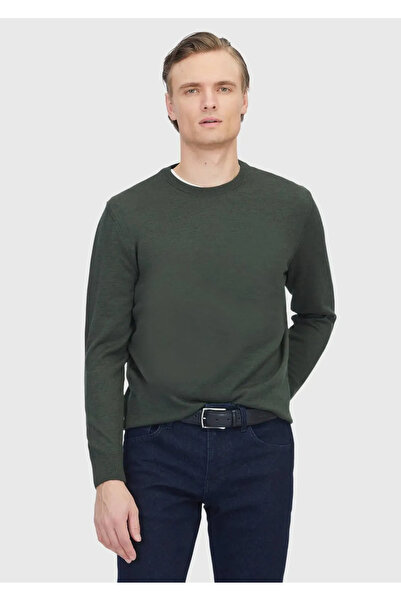 Ramsey Khaki Crew Neck Plain Knit Wool Blend Sweater