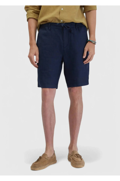 Ramsey Navy Blue Plain Woven Carrot Fit Casual 100% Linen Bermuda