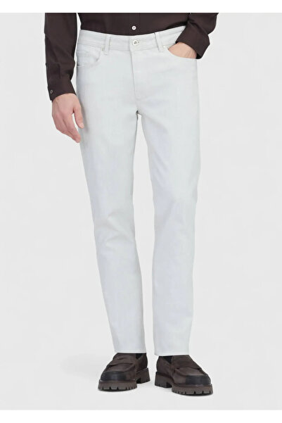 Ramsey Ecru Straight Slim Fit Denim Cotton Blended Trousers