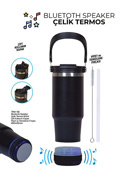 ALLMUG Siyah Çelik Termos Hoparlörlü 600 ml