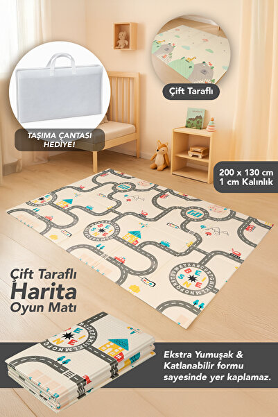 Meleni Baby Harita Desenli Çocuk Oyun Matı - Katlanabilir Çift Taraflı Oyun H...
