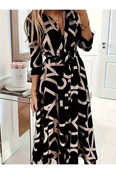 BÜŞRA TEZEL MODA Γυναικείο μακρυμάνικο φόρεμα με γιακά με κουμπιά μπροστά