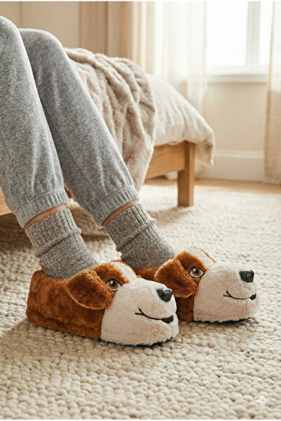 ZERA TREND Köpek Kahverengi Figürlü Rahat, Konforlu Peluş Ev Botu Panduf Hedi...