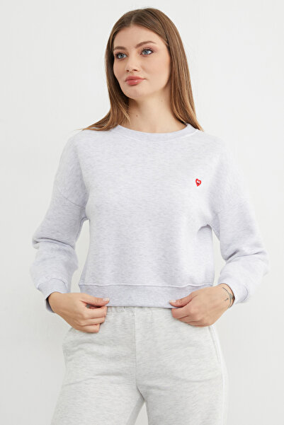 Fulla Moda 3 İplik Kalp Nakışlı Bisiklet Yaka Sweatshirt