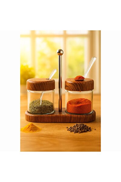 Generic مرطبانات التوابل الزجاجية مع أغطية وملاعق جذابة؛ تصميم أنيق للمطبخ الحديث.