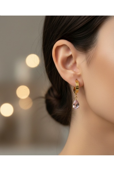 stainless steell gold gül pembe renk damla model çelik küpe