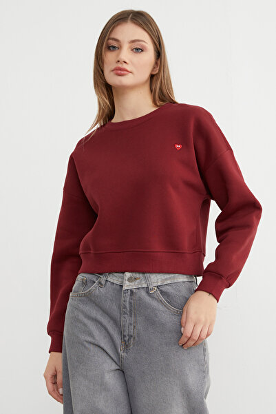 Fulla Moda 3 İplik Kalp Nakışlı Bisiklet Yaka Sweatshirt