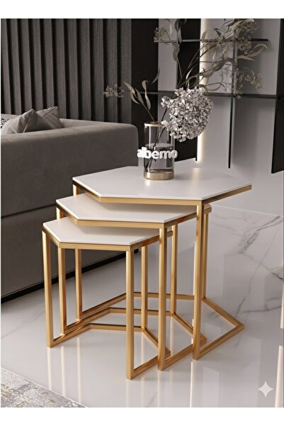 usta mekan Usta Altıgen Gold Metal Beyaz Mdf Tablalı 3lü Zigon Sehpa